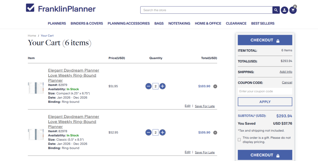 Franklin Planner Checkout Page