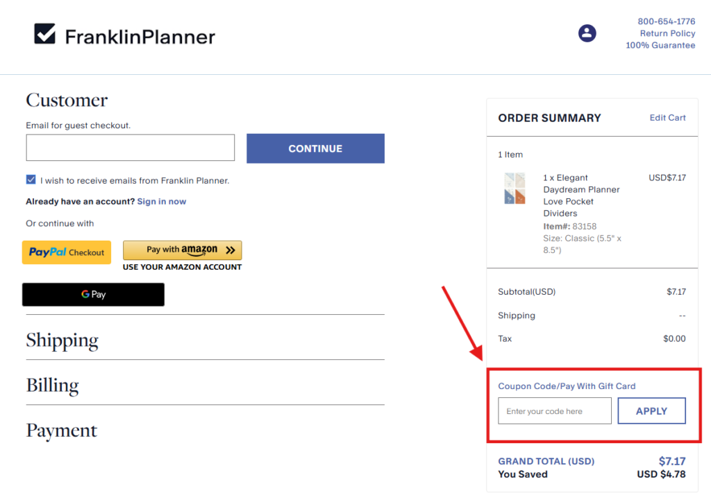 Franklin Planner Promo code page