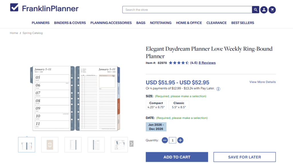 Franklin Planner add to cart page