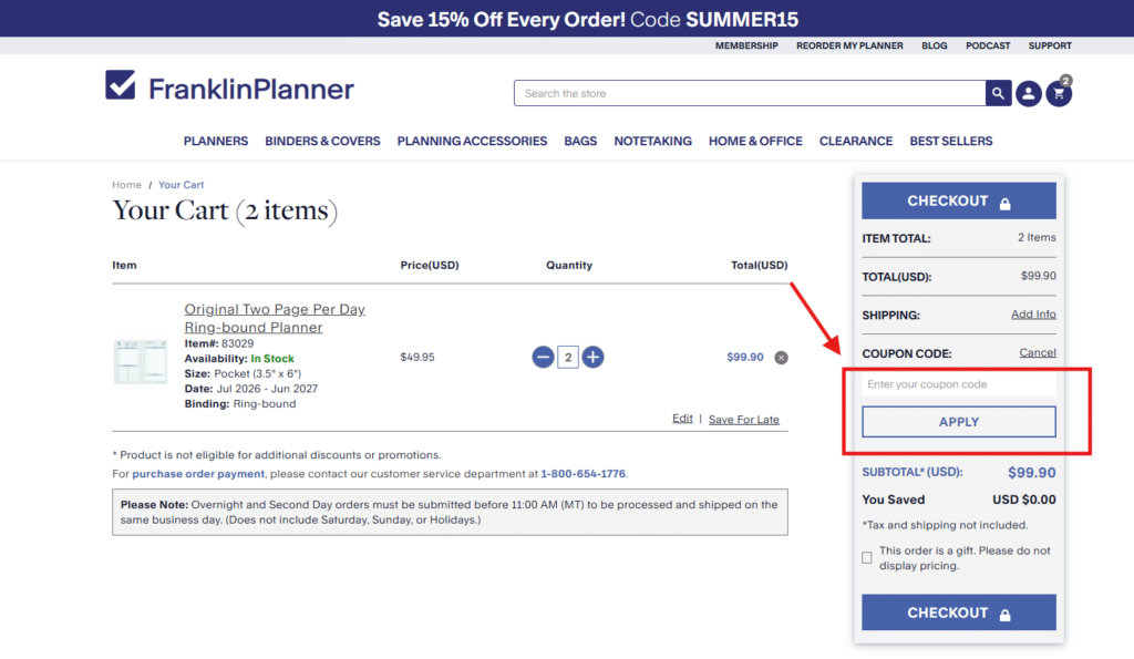 Franklin Planner coupon code page
