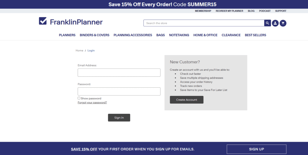 Franklin Planner create account page